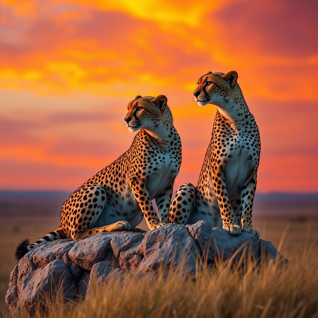 Majestic Cheetahs at Sunset, Hyperrealistic Art