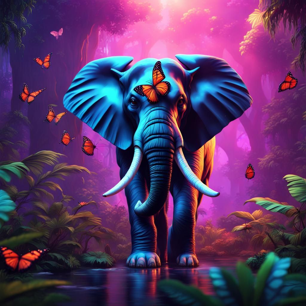 Neon elephant with beautiful butterfly on trunk, jungle in t...