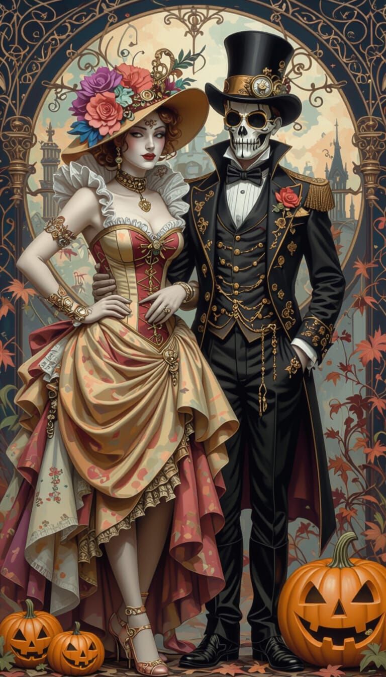The King & Queen Of Halloween, Steampunk, art Nouveau . hyperrealism , dynamic lighting ,Colorful, beautiful ,