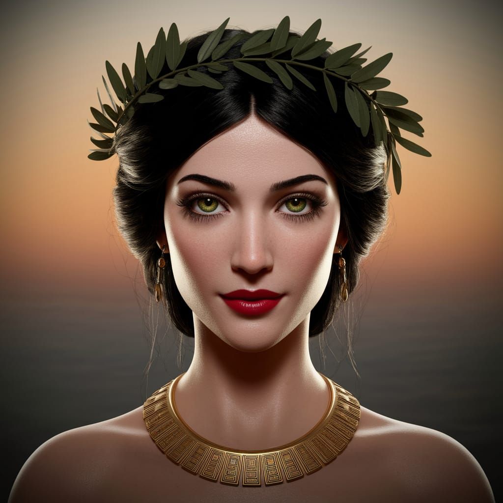 A hyperrealistic photo of stunningly attractive female priestess from ancient Greece, in a dramatic close-up portrait, showcasing her captiv...