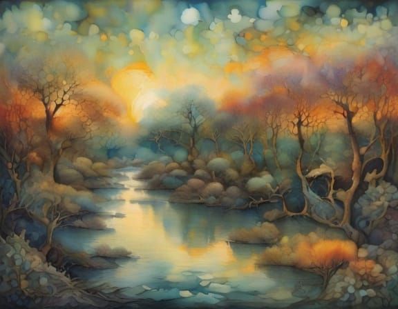 Encaustic Sunset River Landscape in Art Nouveau Style