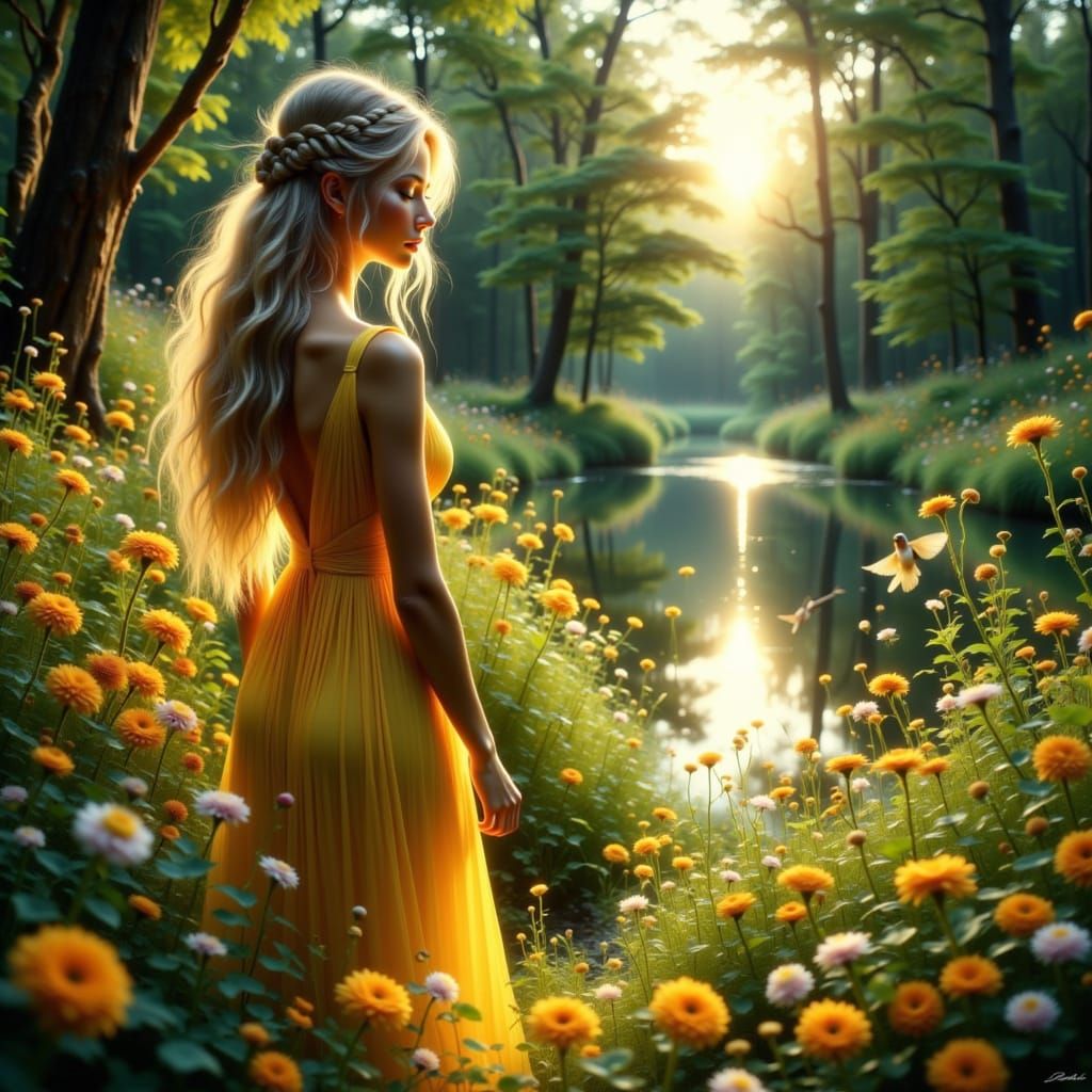 <lora:portraits  lights:1.0> beautiful woman, garden flowers , lake, birds, blond hair, messy, braid, yellow dress, , bioluminescence ,Glowi...