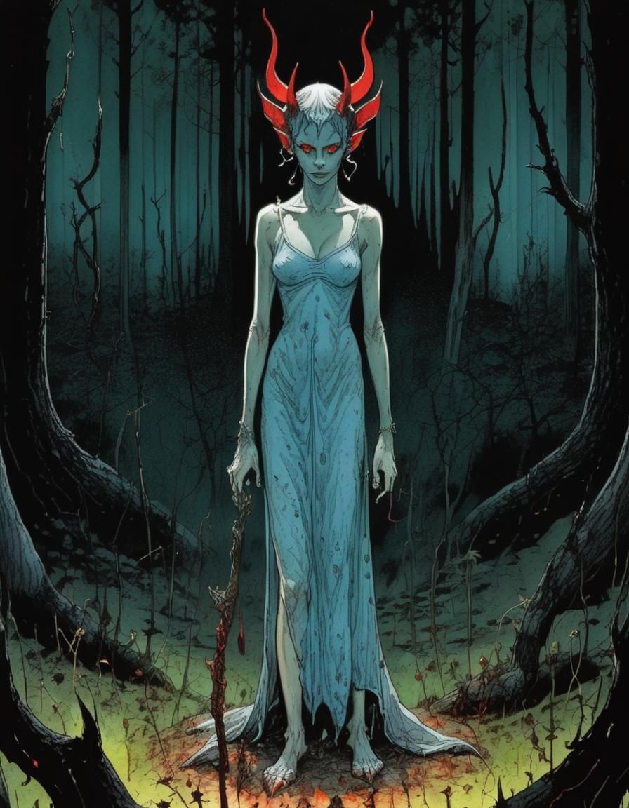 A lone (demoness1.5) conjures at the glade in a dark forest Jean