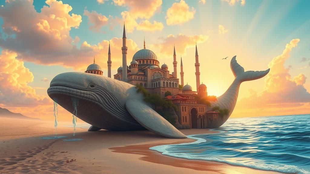 The sand sculpture of a whale caries on his back a medieval city Constantinople  by @Renny Magritte