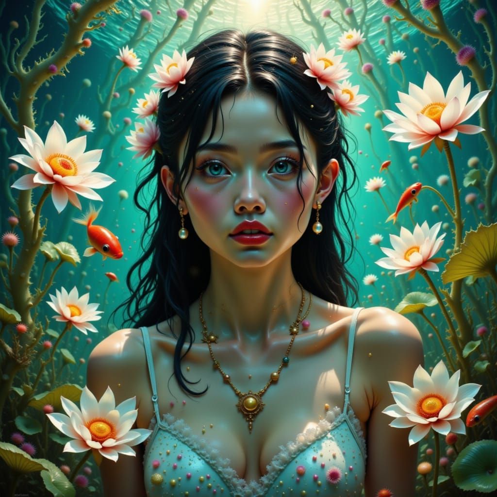 "portrait of a young lady, black hair red lips, blue eyes, floating underwater,surrounded by white lotus flowers and magical koi fishes, bea...