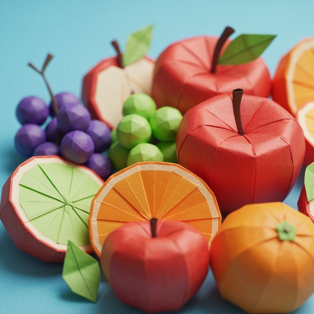 origami fruit salad, fruit made from paper  by @inkdrop