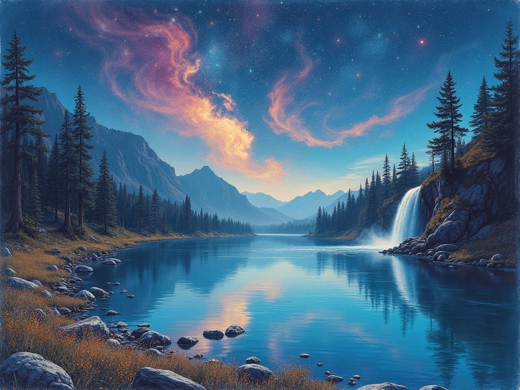 A dreamscape drawn by a gentle hand, coloured pencil sketch, rough hand drawn sketch. The dreamscape should be sureal. It has a wilderness l...