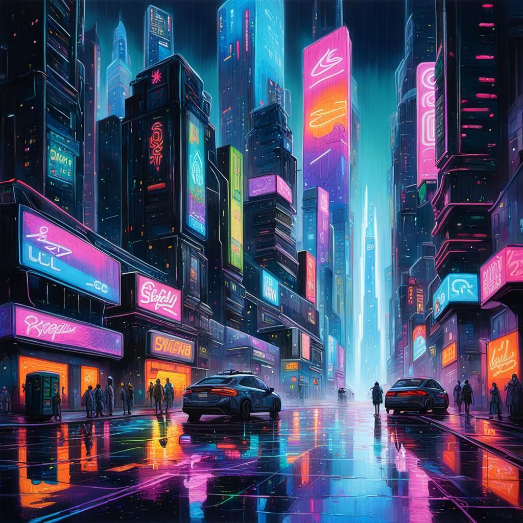a neon-lit, futuristic city street from 2040