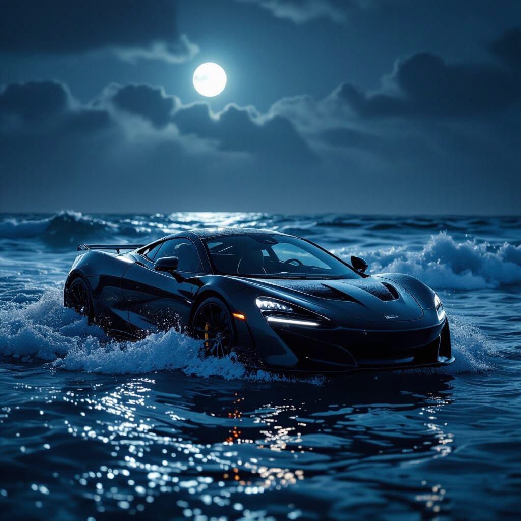 A McLaren floating on the ocean in the night with the moon light shining 