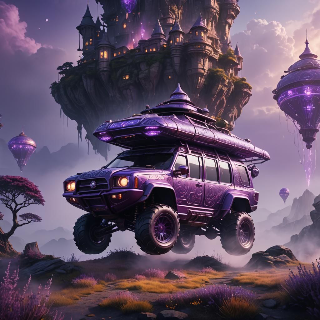 Purple Cup Vehicle Hovers in Dreamy Landscape