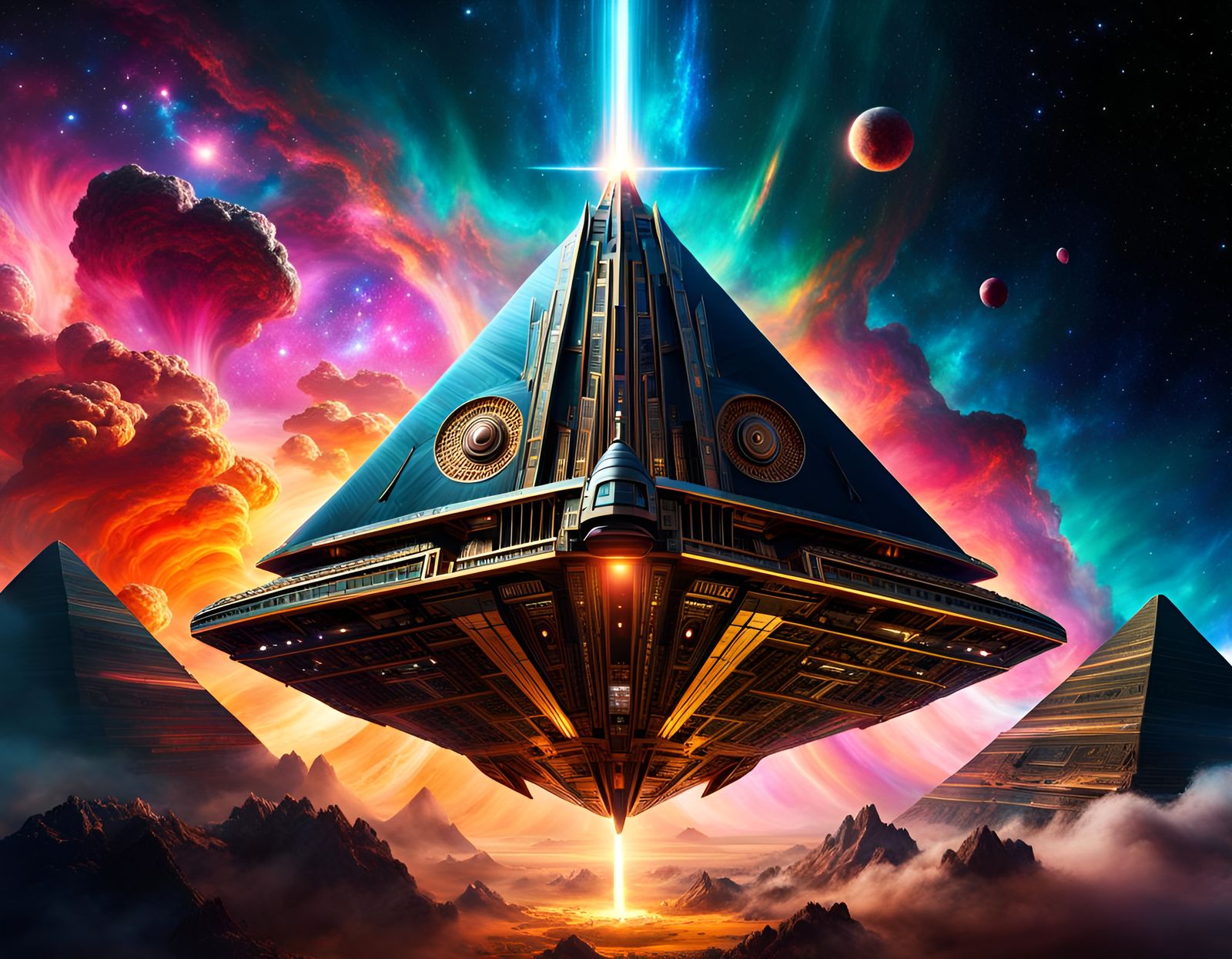  spaceship flying in front of a nebula  by @tsahel