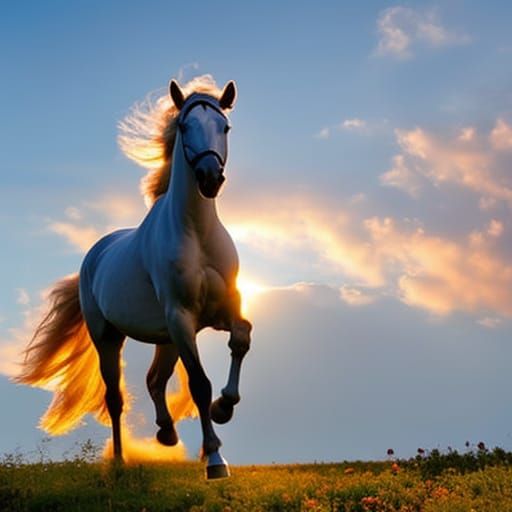 White Pegasus horse flies in the clouds between flowering tr...