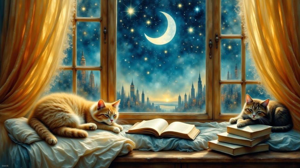 “A whimsical dreamscape uniting four sleeping cats in a single enchanted bedroom window view: foreground fluffy tabby napping cozily in a wa...