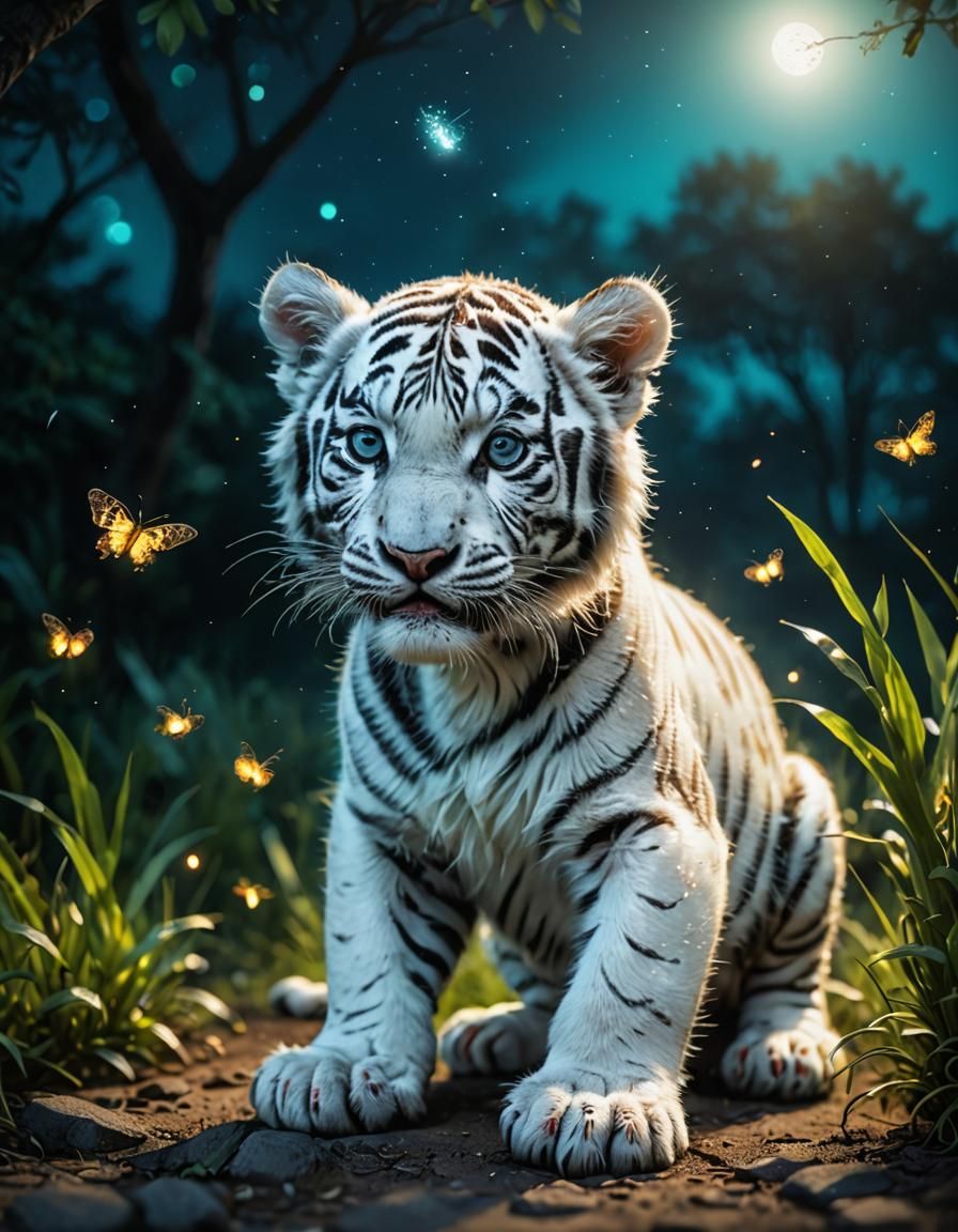 baby white tiger playing with  very small and blurred firefly, near a river and meadow in savanna,turquoise night,  low-...
