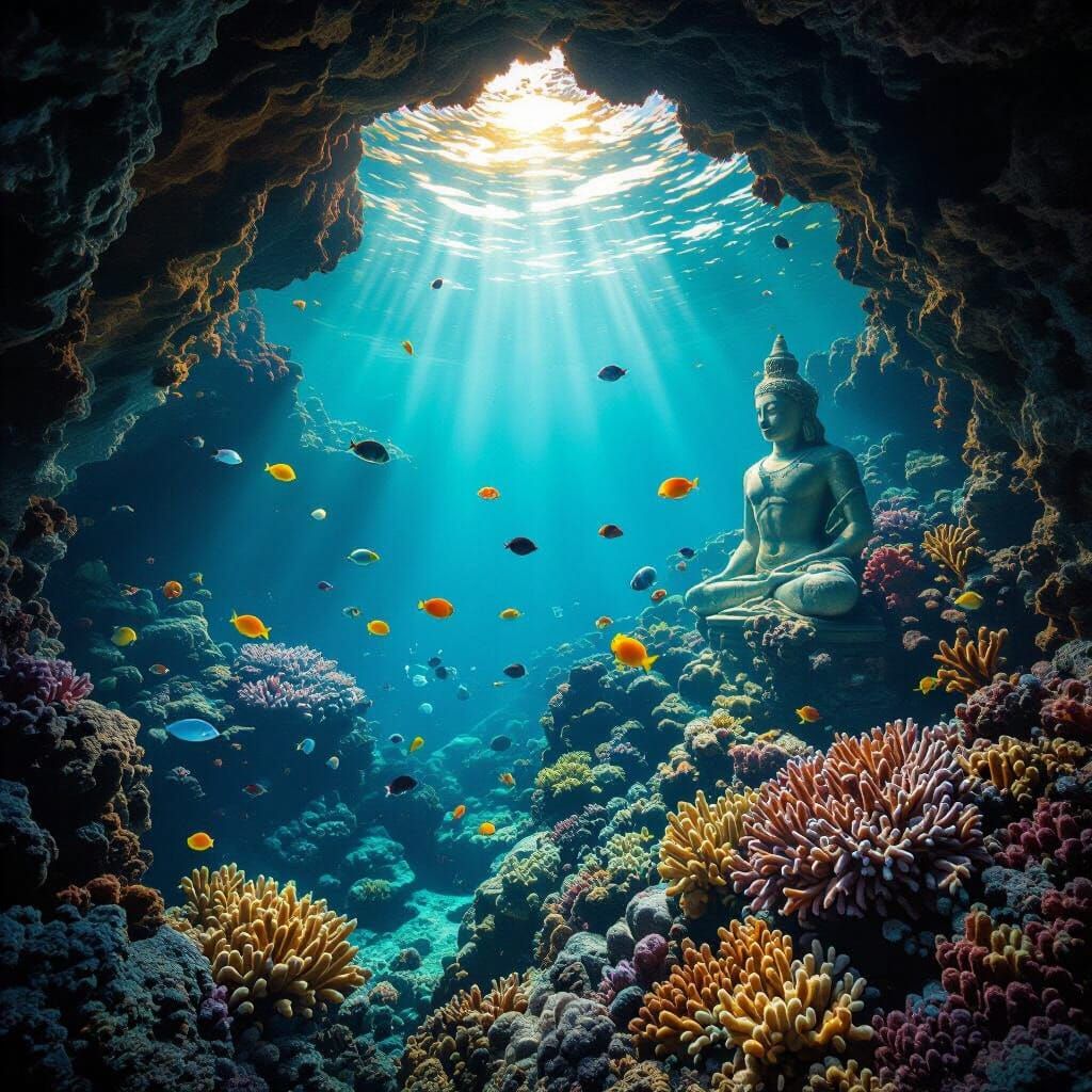 A mysterious underwater grotto, with sunlight filtering through the surface and illuminating a hidden world of coral reefs and marine life. ...