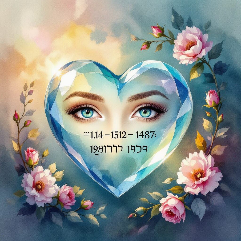 Turquoise Eyes in Transparent Heart with Hebrew Calligraphy