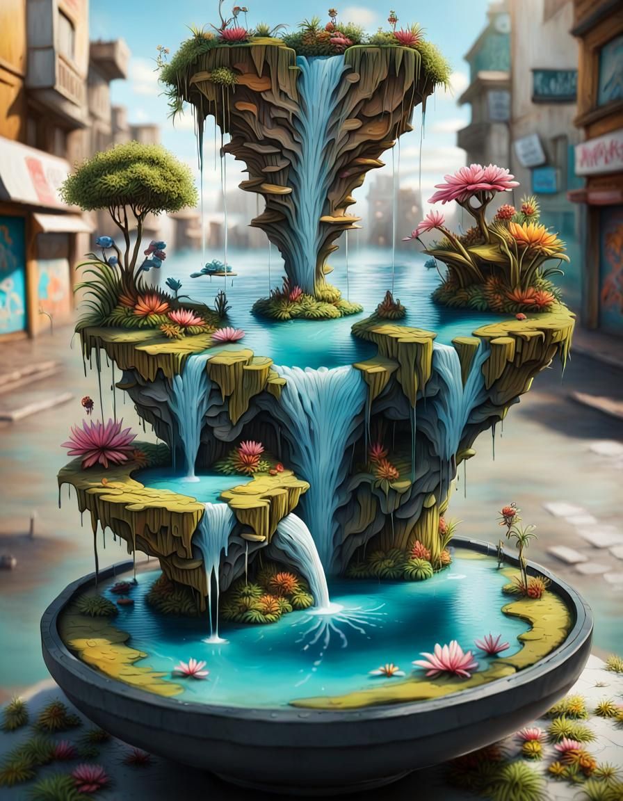 a fountain where miniature floating islands hover above the ...