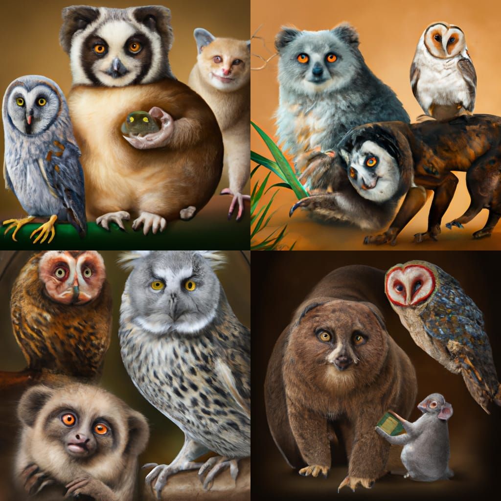 Wombat, owl and lemur, digital art, renaissance painting