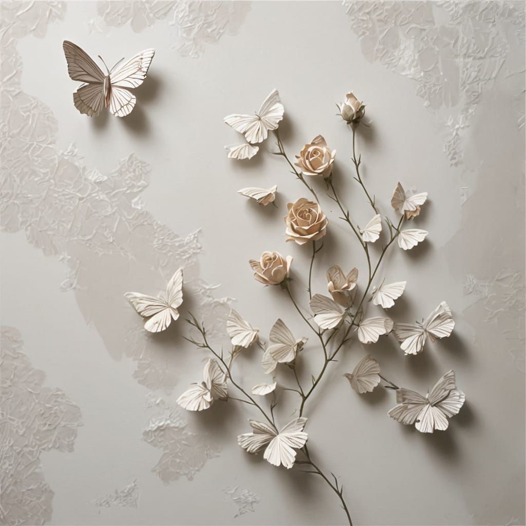 Clarity Upscale:: A rose bud against a plain textured wall: Kirigami, paper-cut art, ...