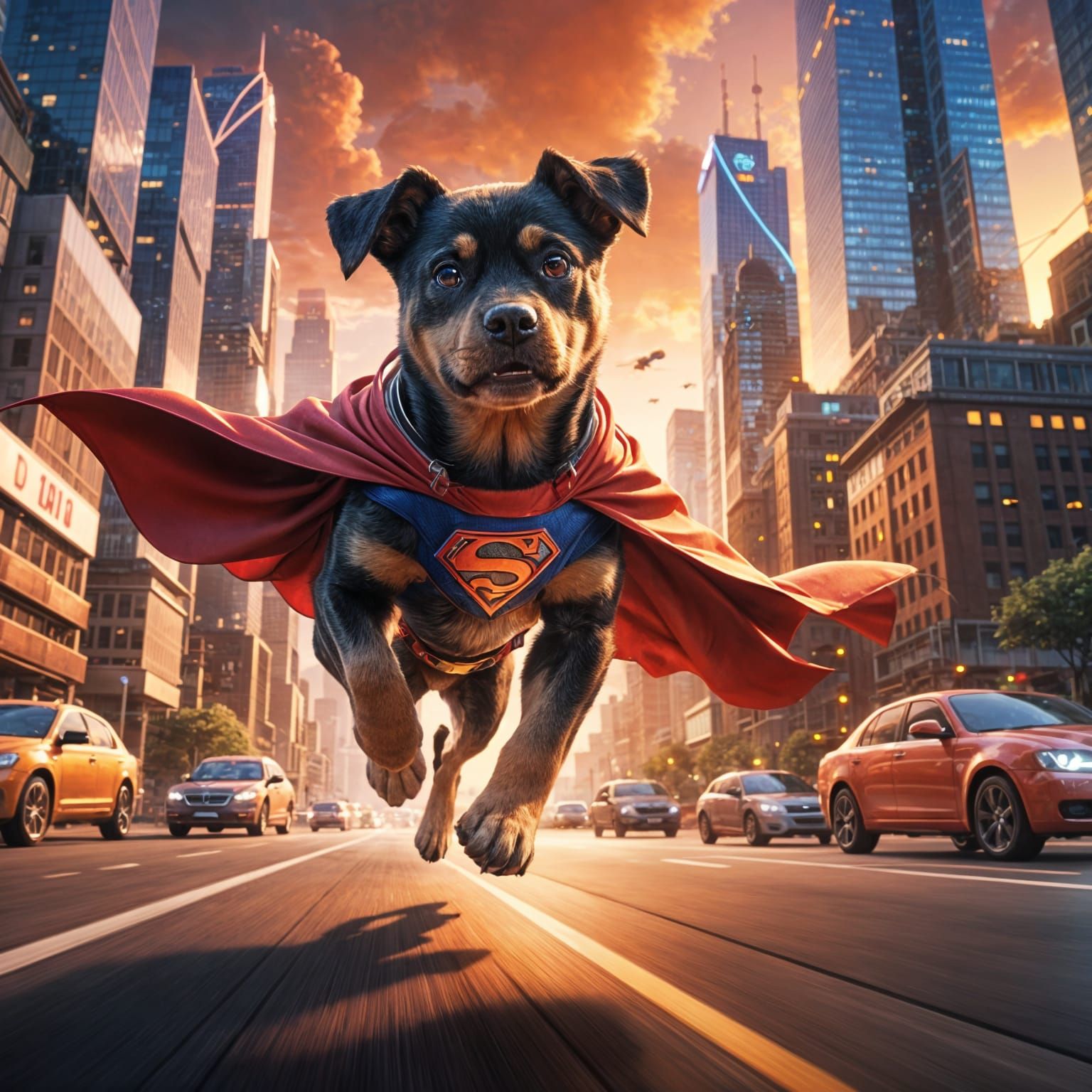 Animated super dog with big cute puppy eyes flying through a futuristic city at sunset. Flowing red cape, ...  by @John P