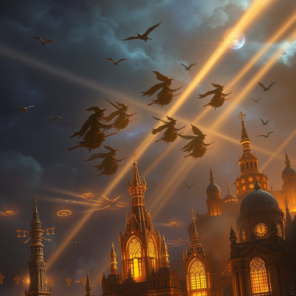  Digital art of a coven of witches flying across a midnight sky above a golden, ornate, fantastical city. Cinematic lighting bathes the scen...