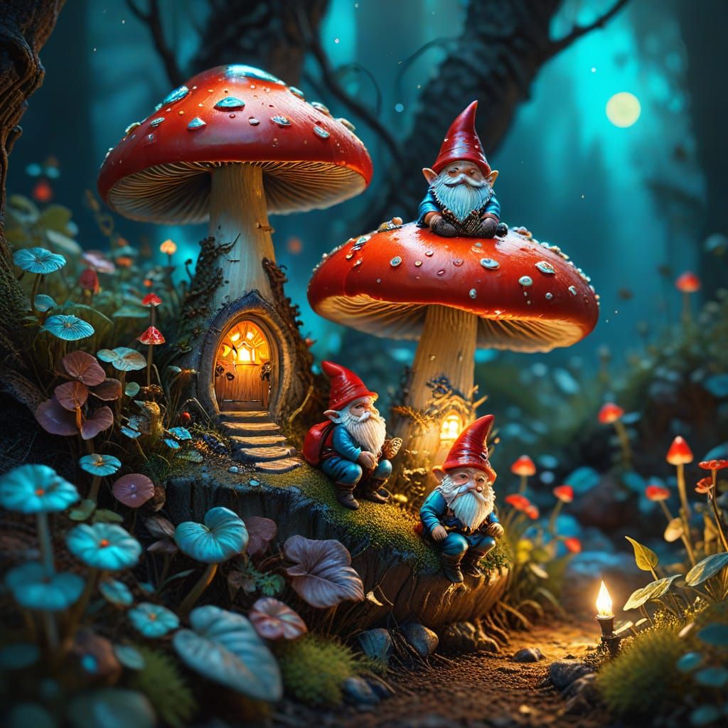 Gnomes in Mushroom Garden: A Whimsical Oil Painting