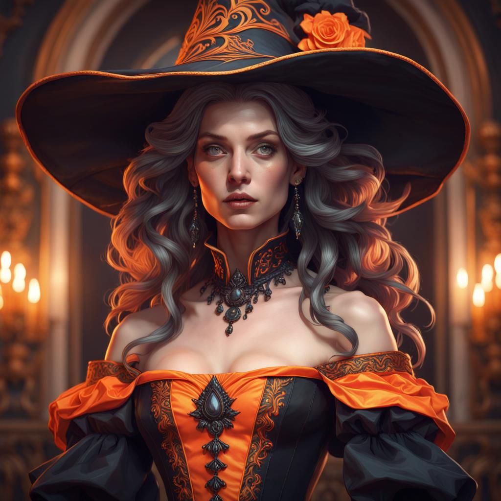 Witch In A Black And Orange Baroque Gown AI Generated Artwork witch-in-a-black-and-orange-baroque-gown-ai-generated-artwork
