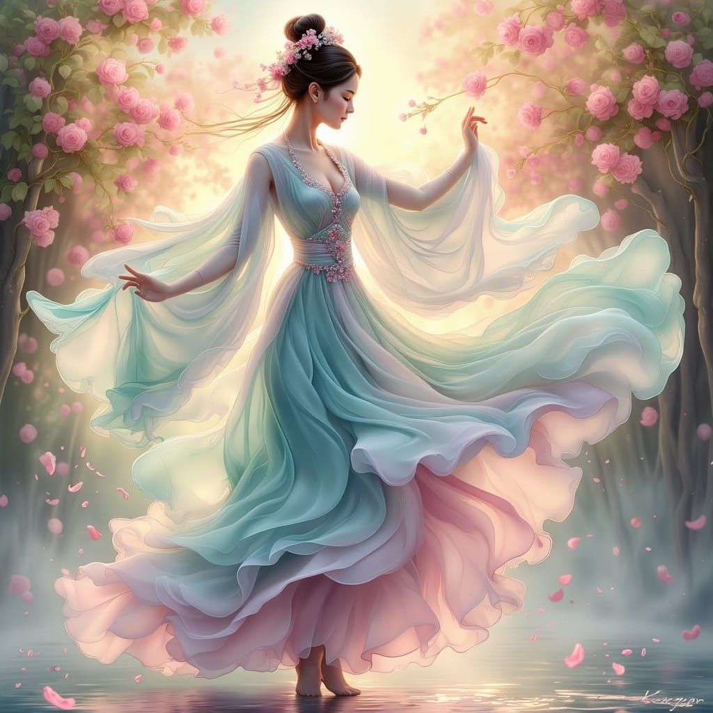 Han Dynasty Ribbon Dancer in Pastel Chiffon