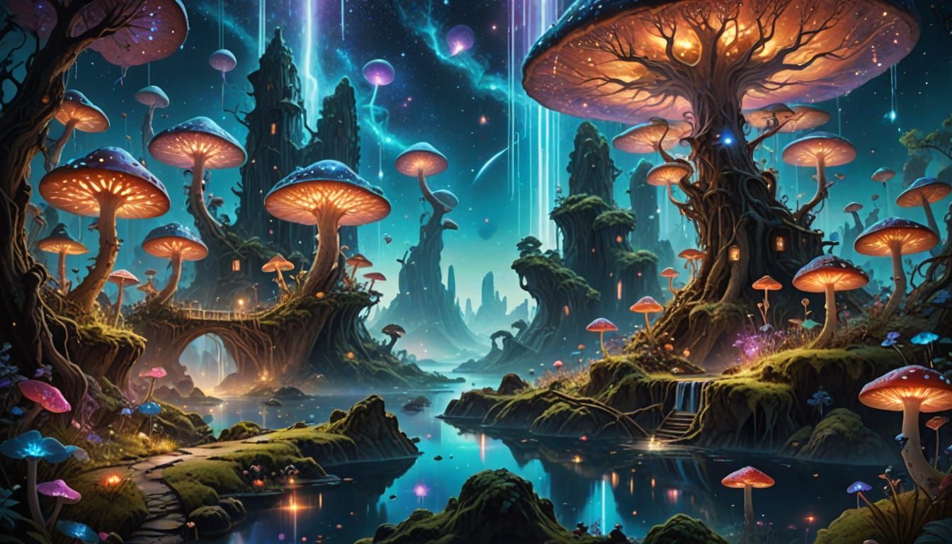 Ethereal Cosmic Dreamworld with Floating Islands and Glowing...