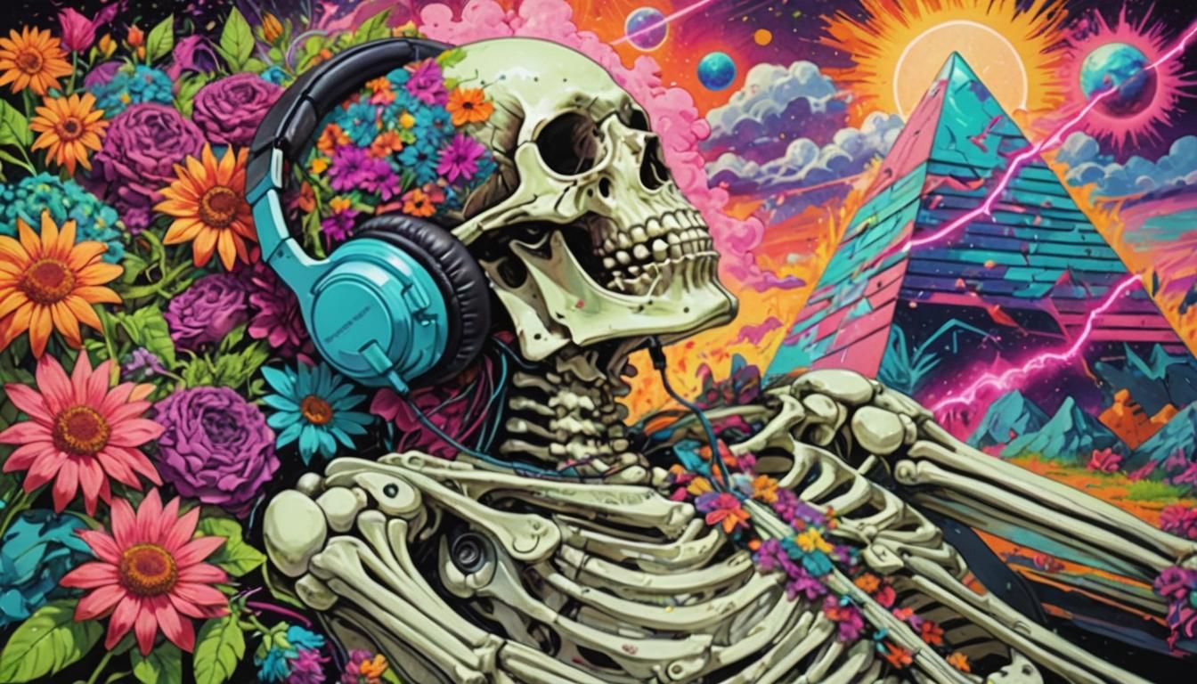 a painting of a resting, sick body, triangular skeleton wrapped in neon flowers, headphones on, colorful hair, happy, retro art, life and de...