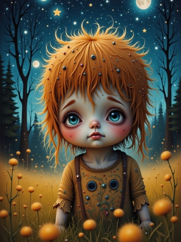two parts in one art, double exposure, best quality, dark tales, close up cute tiny ginger-haired girl in a field under Van Gogh starry sky,...