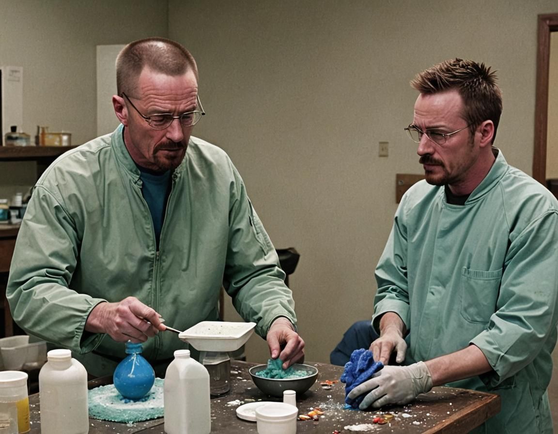 Walter White teaching Jesse Pinkman how to make the blue stu...