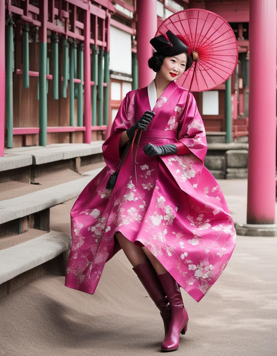 (((fuchsia dress))) inspired by 1940s Japan dress, (((long f...