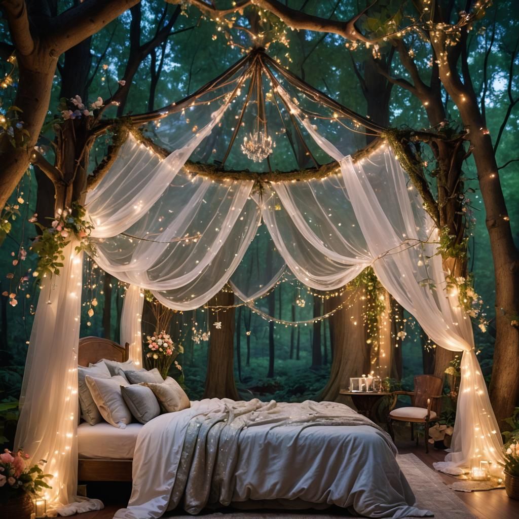 Iridescent Bedroom in Enchanted Forest with Fireflies