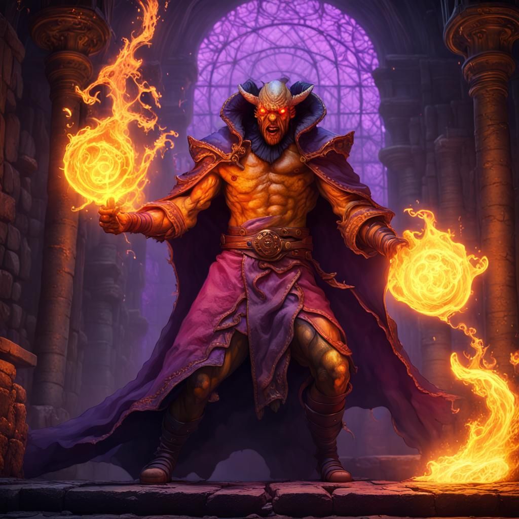 Humanoid Balrog Wizard Casting Fireball In A Dungeon, A Masterpiece, 8k 