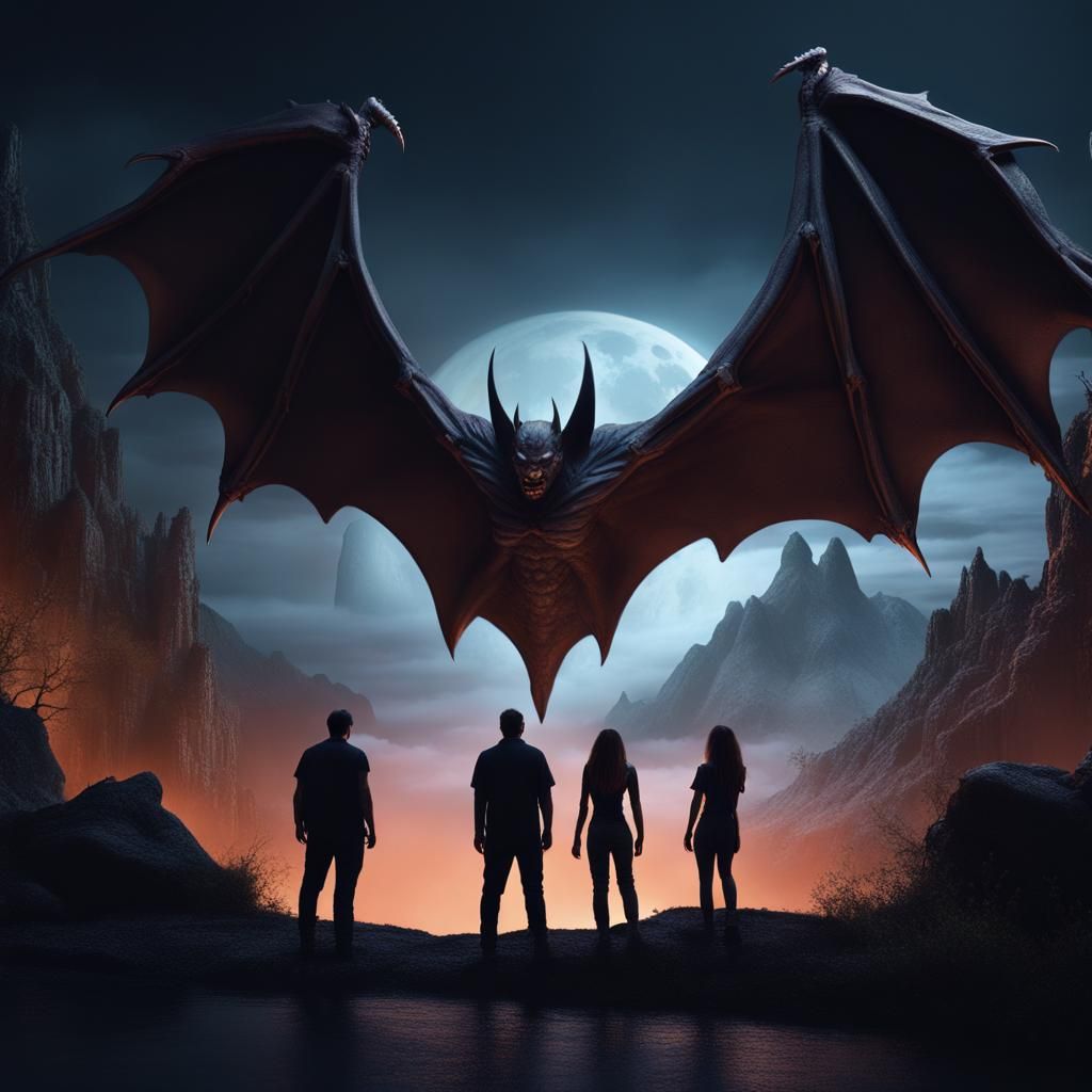 3 people, 2 man and a woman, facing a huge manbat at night