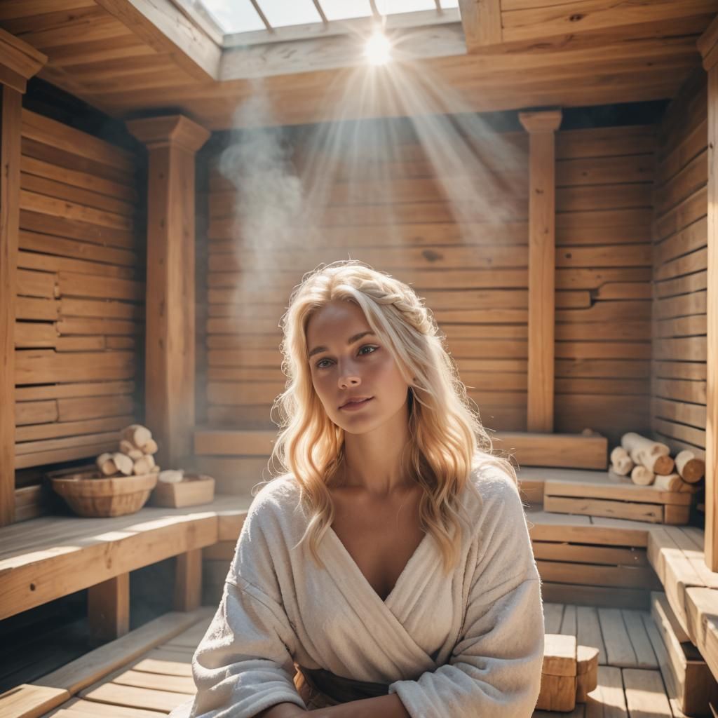 Blonde haired female posing in roman sauna heavenly sunshine...