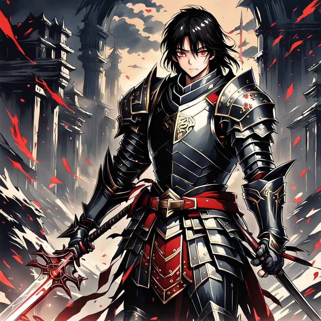 black hair red eye yong knight wearing armor holding long sw...