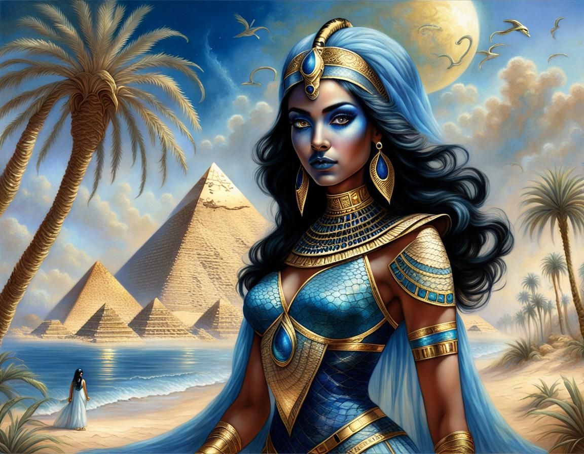 queen of egypt with big black eyes and blue makeup, black ha...