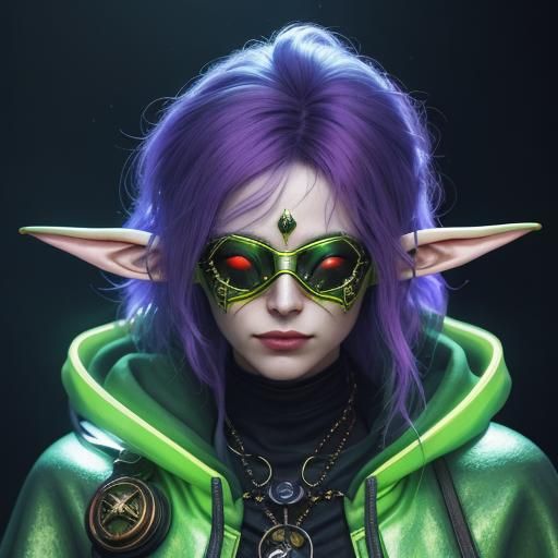 mythical bard elf wearing goggles hood and a cape yellow lime lute