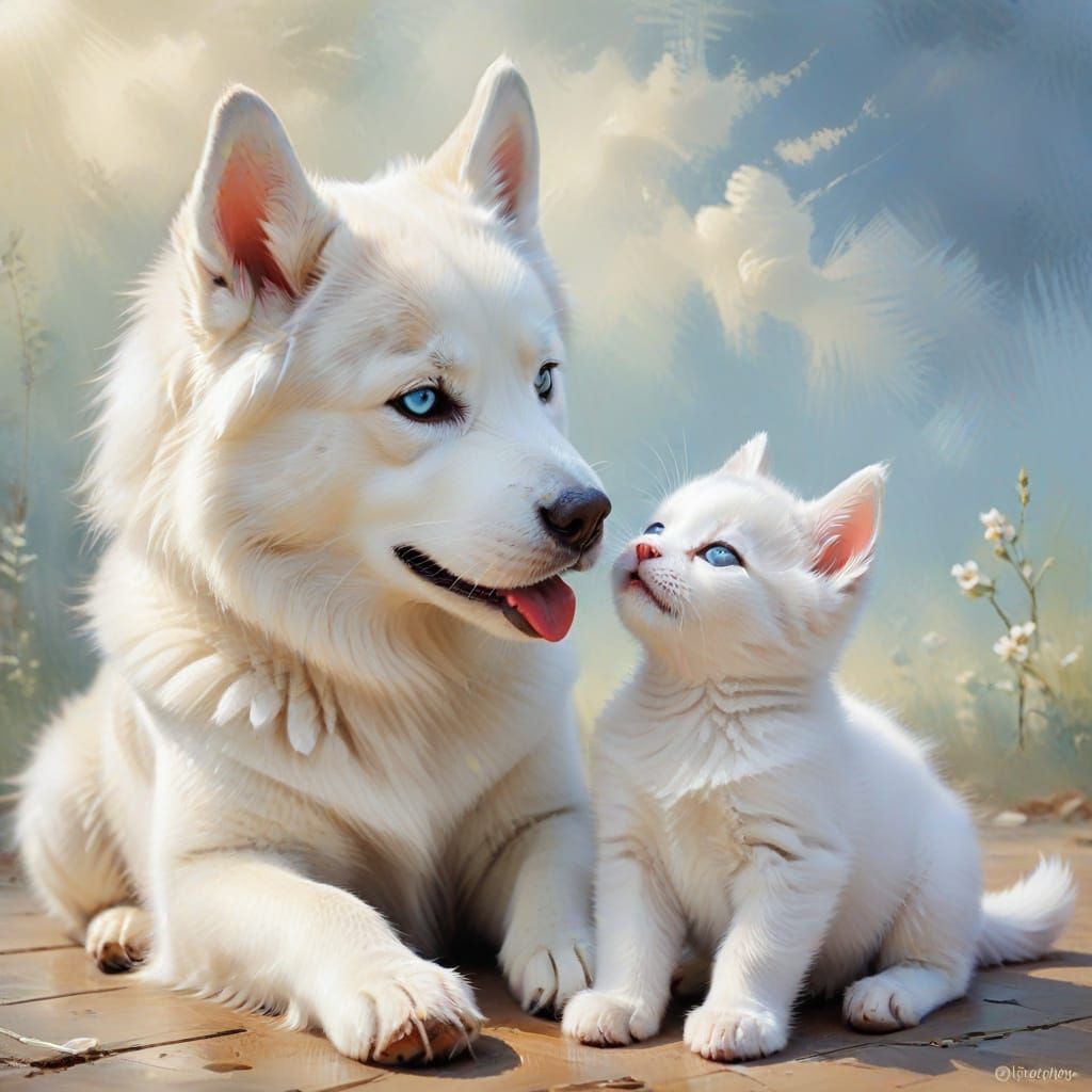 Husky Licks Kitten in Dreamy Digital Oil Paint Style