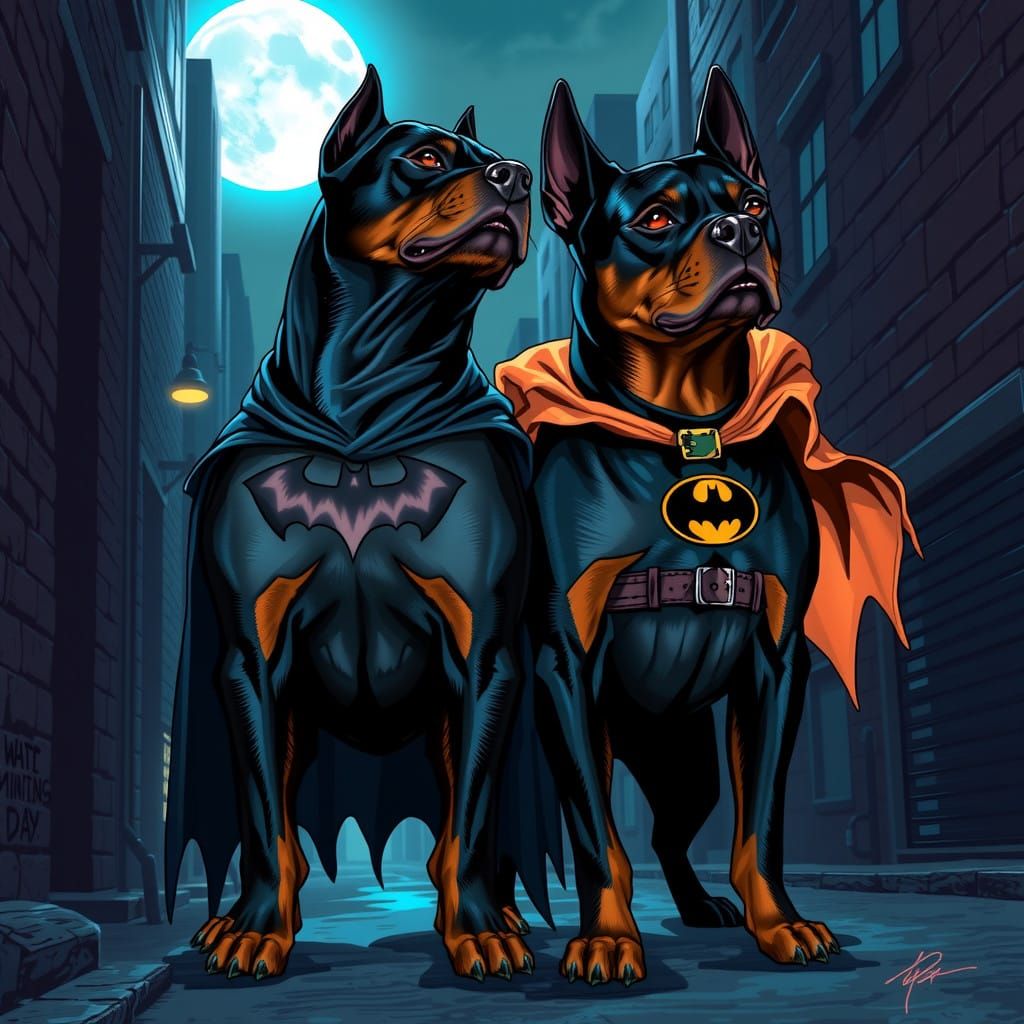Muscled Rottweilers as Futuristic Batman and Robin - AI Art