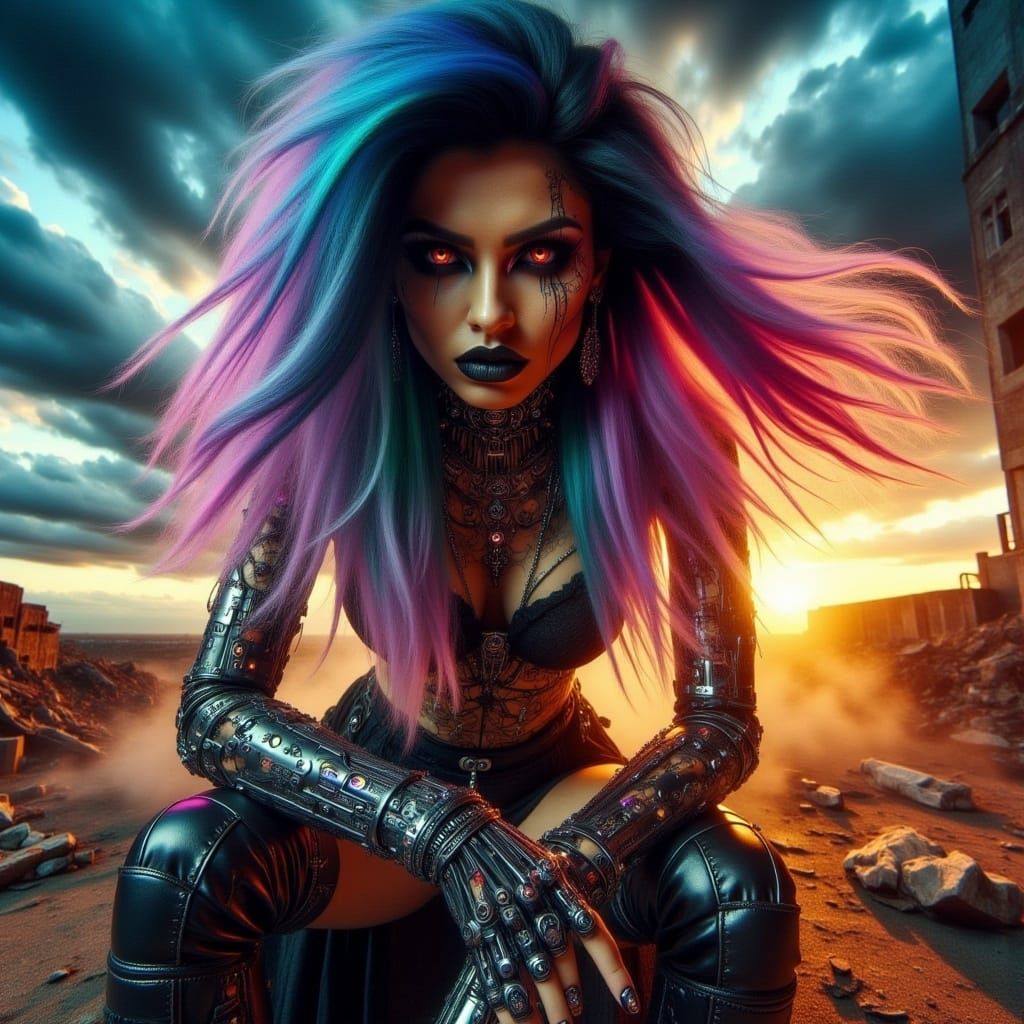 <lora:-CyberGothica-:1.0> Radiant, beautiful woman ▪ Fierce, confident pose ▪ Flowing hair illuminated by vibrant light ▪ Prismatic rainbow...