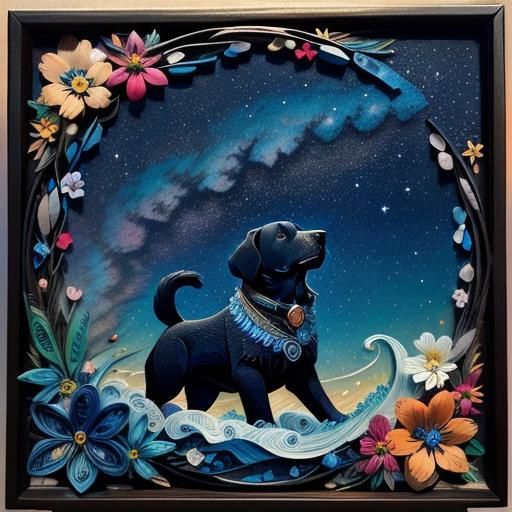 high octane happiest beautiful ink, whimsical Labrador dog travels, Andreas Lie, Dan Mumford 💖🐕‍🦺🖤🌸🌺🌼🌊🌌 surreal detailed painting,...