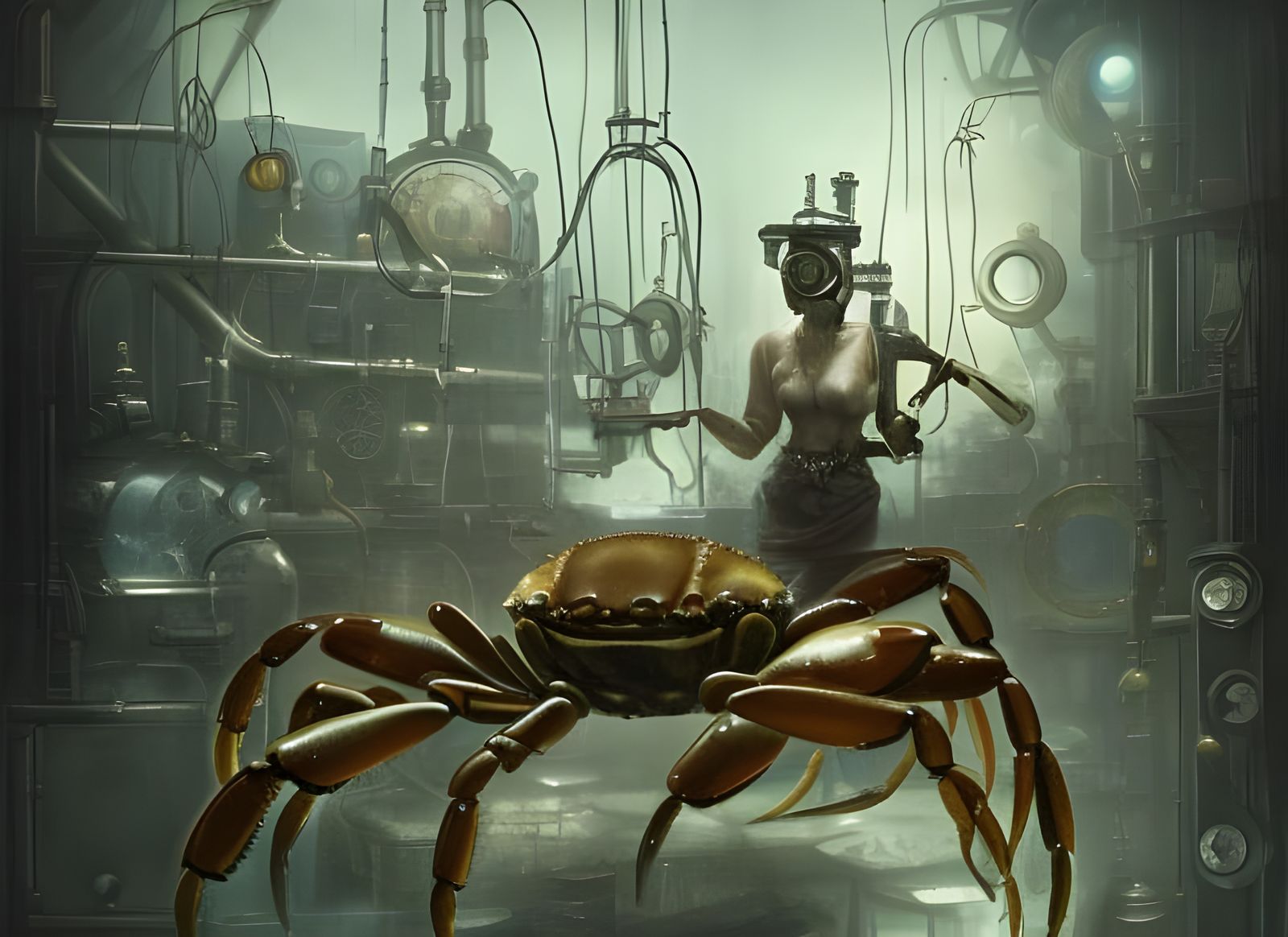 Mecha crab in a steampunk laboratory  by @Rojinski