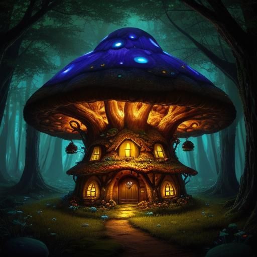 A fairy mushroom house in an enchanted bioluminescent forest...