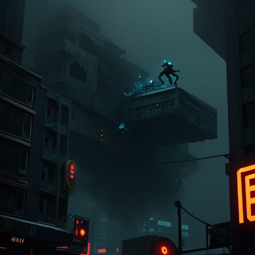 Surreal Dystopian Scene: Man Jumps with Cellphone onto Soldi...