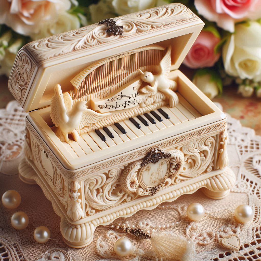 Elegant hand carved ivory music box