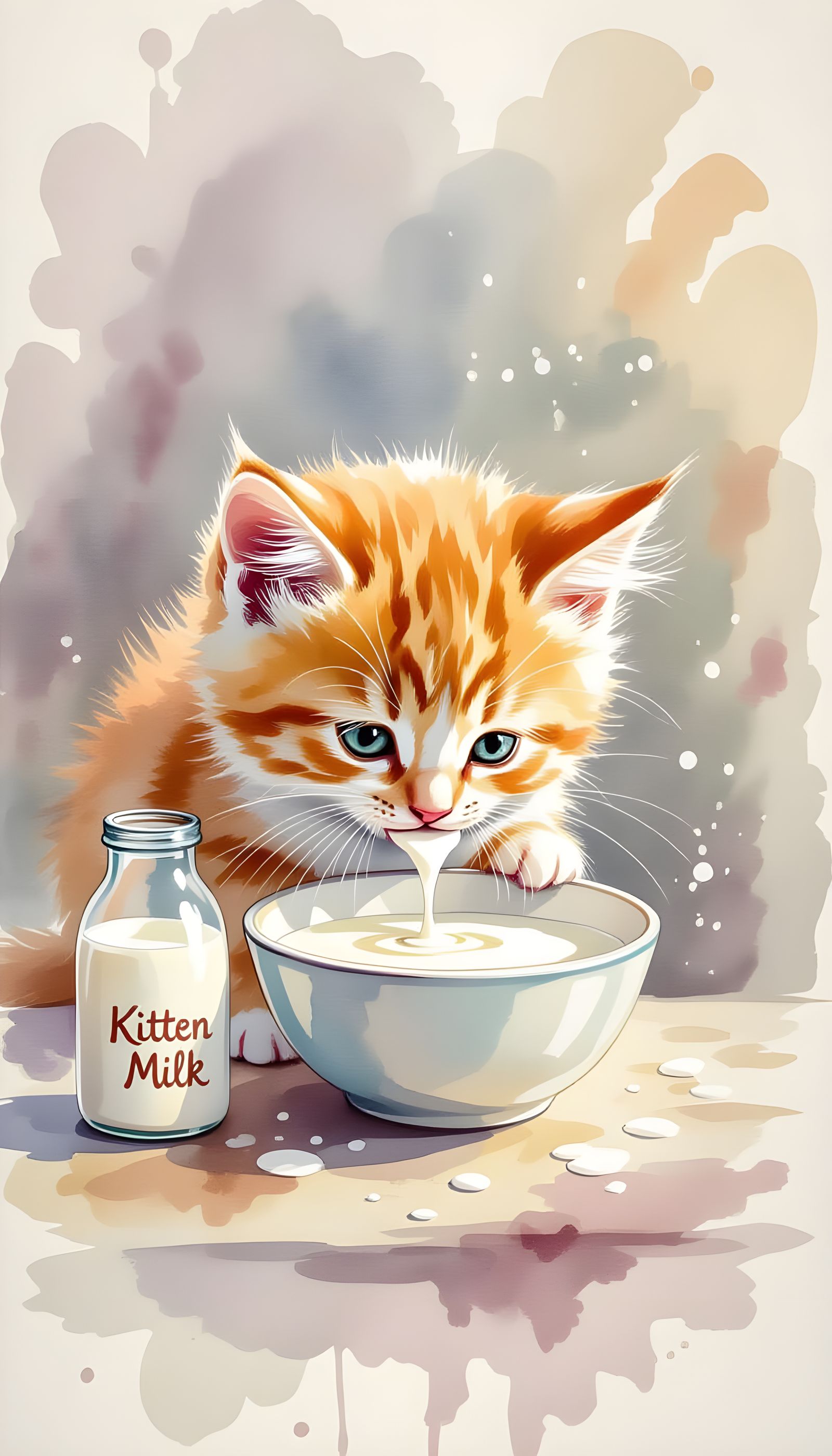 Delicate Watercolor Kitten Lapping Milk in Beatrix Potter St...