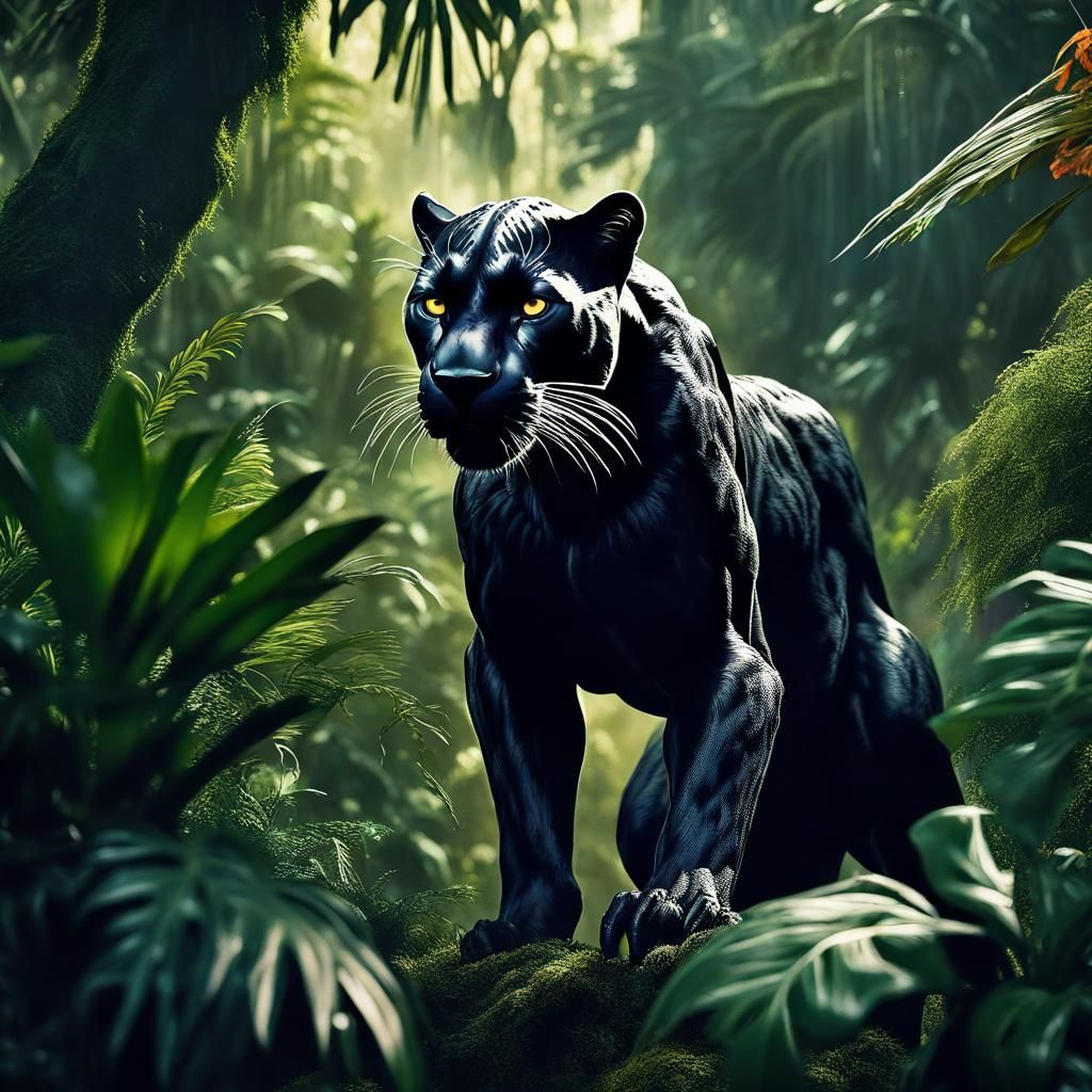 A black panther in a lush jungle, menacing, ferocious, deadly, 64k ...